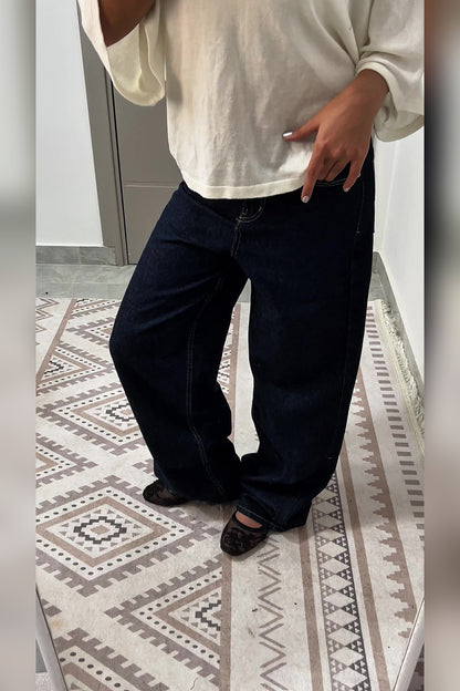Dark Blue Wide Leg Jeans detail - VELINA