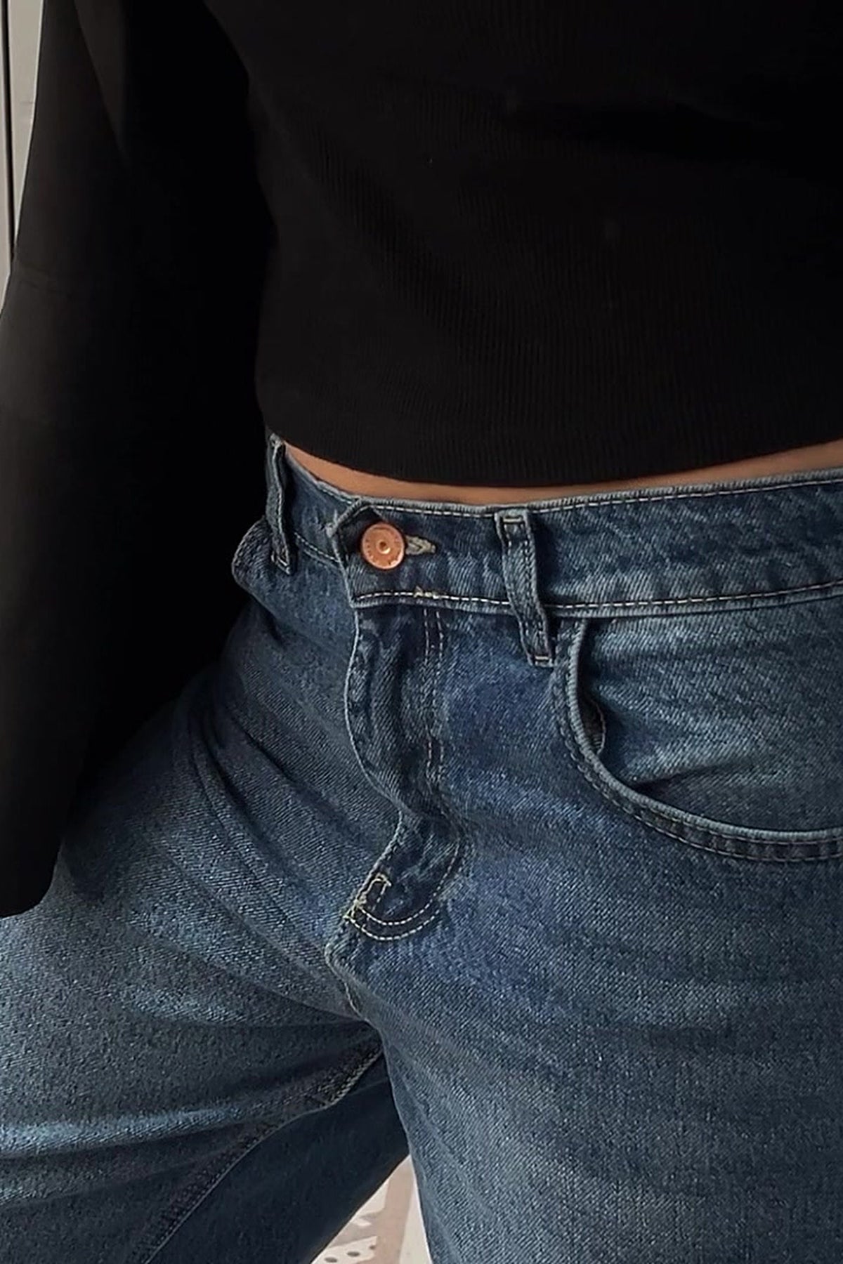 Mid Blue Wide Leg Jeans waistband detail - VELINA