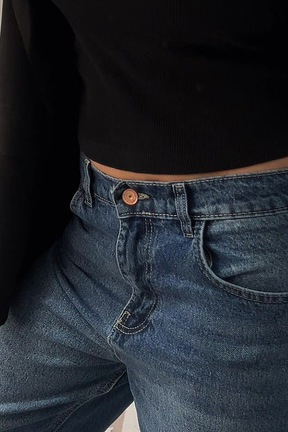 Mid Blue Wide Leg Jeans waistband detail - VELINA